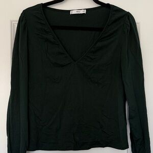 Dark Green Long Sleeve V-Neck Top